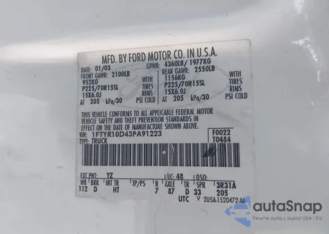 2003 Ford Ranger Xl/Xlt from USA, damaged, VIN 1FTYR10D43PA91223